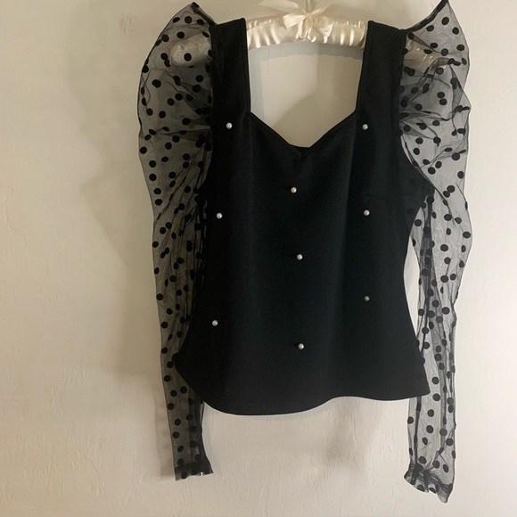 Shein Black Top Embellished Sweater Sheer Polka Dot Puff Long Sleeve Womens Sz L - Picture 4 of 16